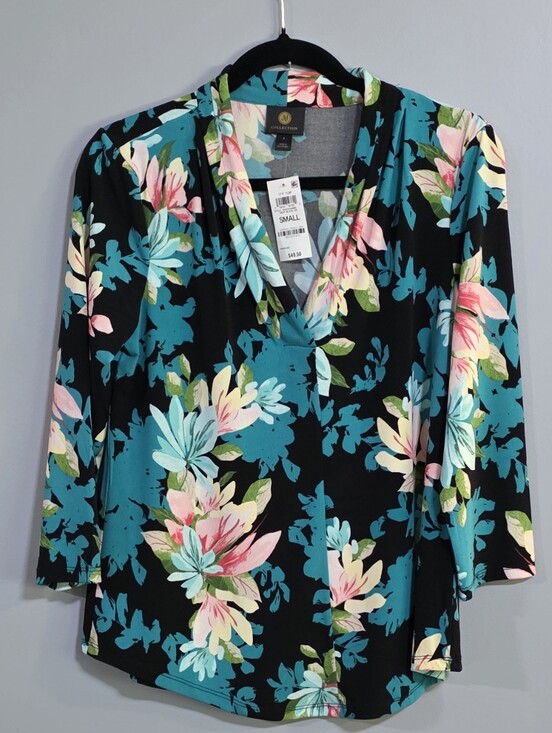 JM Collection Tops - JM Collection Black Floral V-Neck Blouse with Teal and Pink Blooms